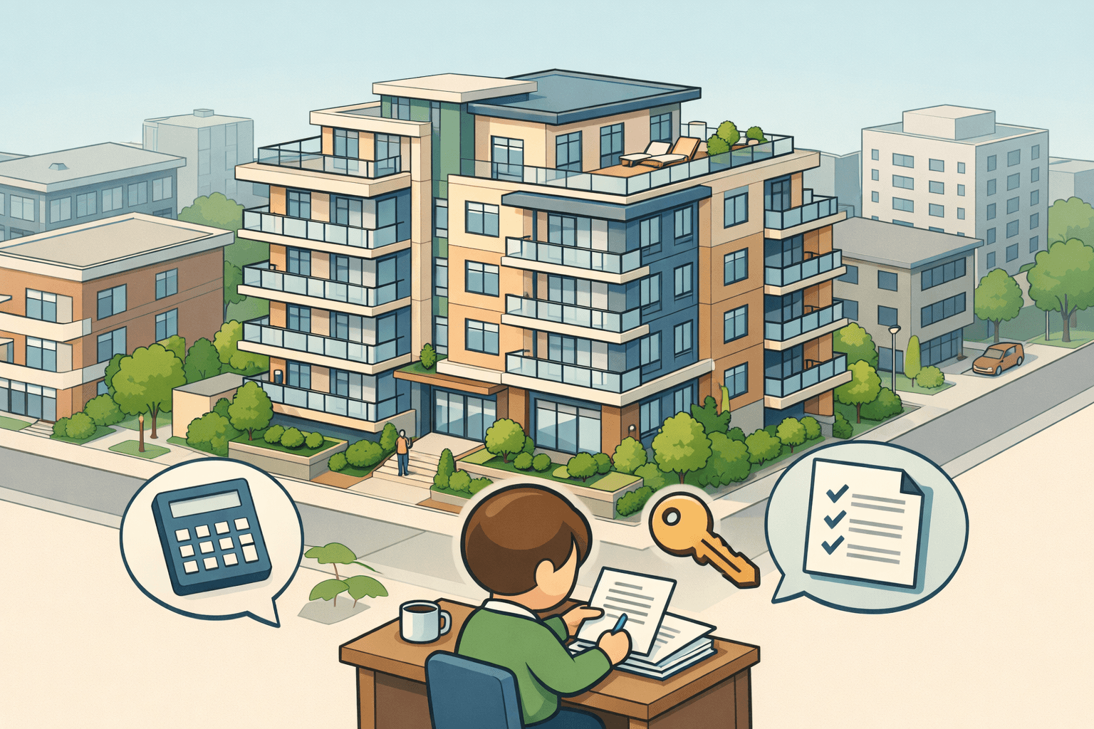 A condominium building with a buyer reviewing loan documents and HOA fee paperwork at a nearby desk outside.