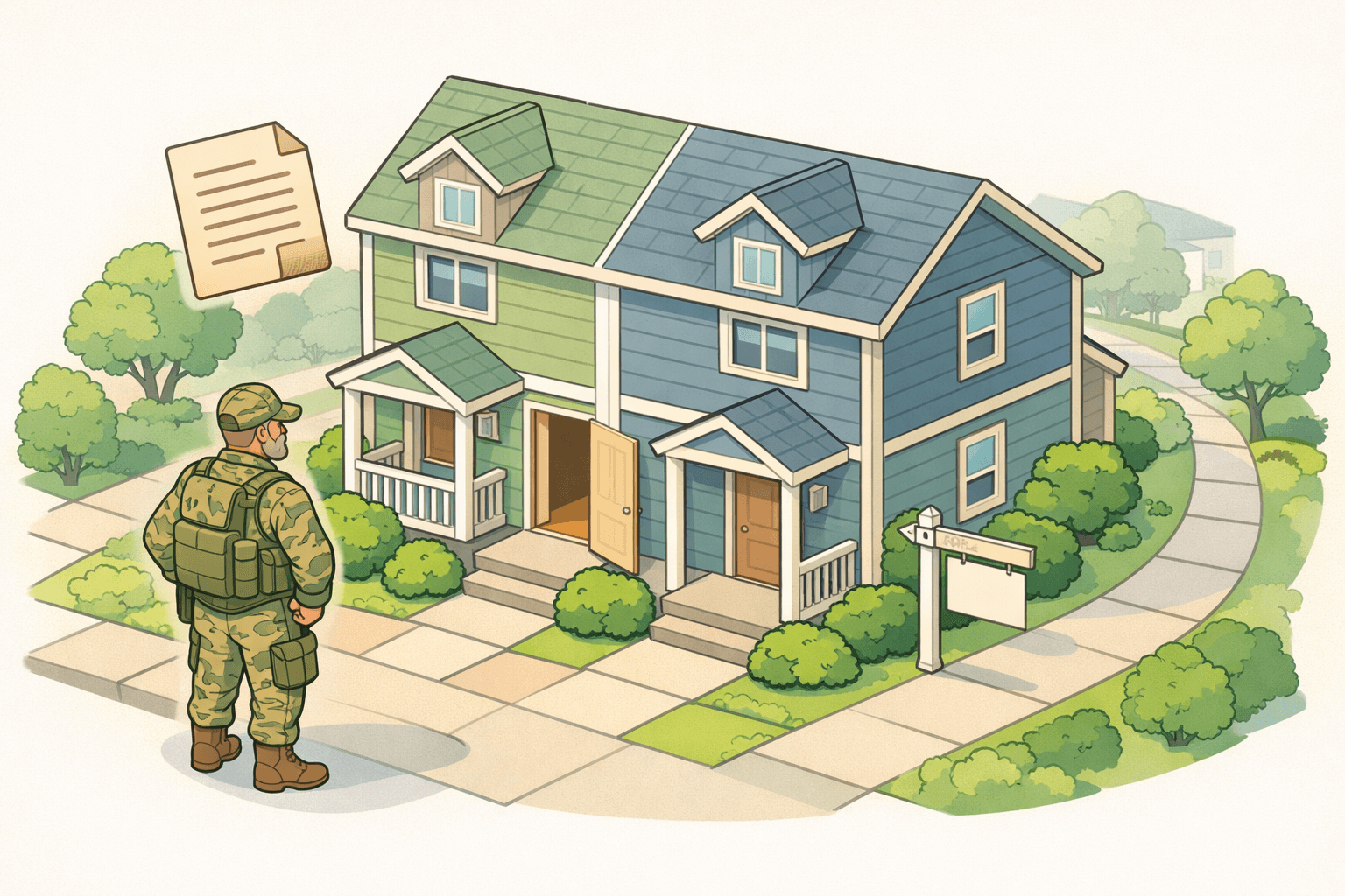 A veteran standing outside a multi-unit residential duplex property with a key and document icons nearby