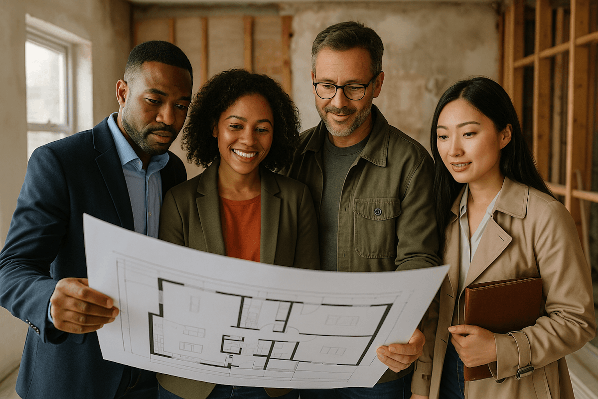 Visual guide on financing home improvements with steps including property identification, contractor selection, and loan application.