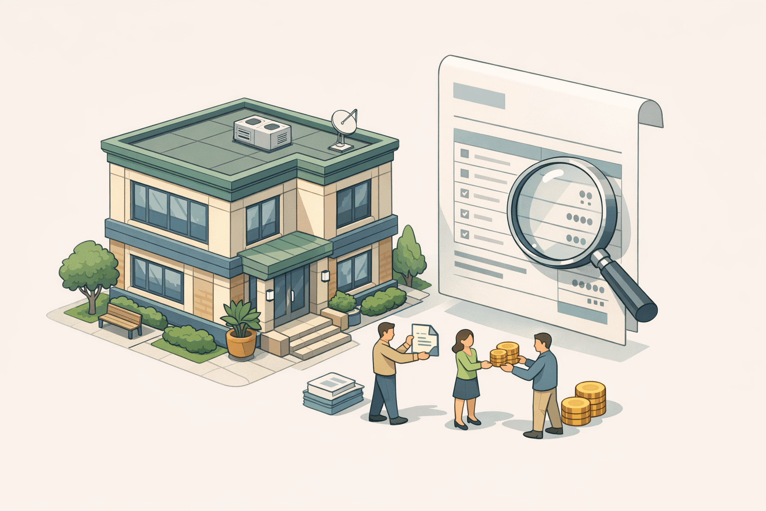 Small business office with floating invoice documents and coins representing invoice financing and working capital access