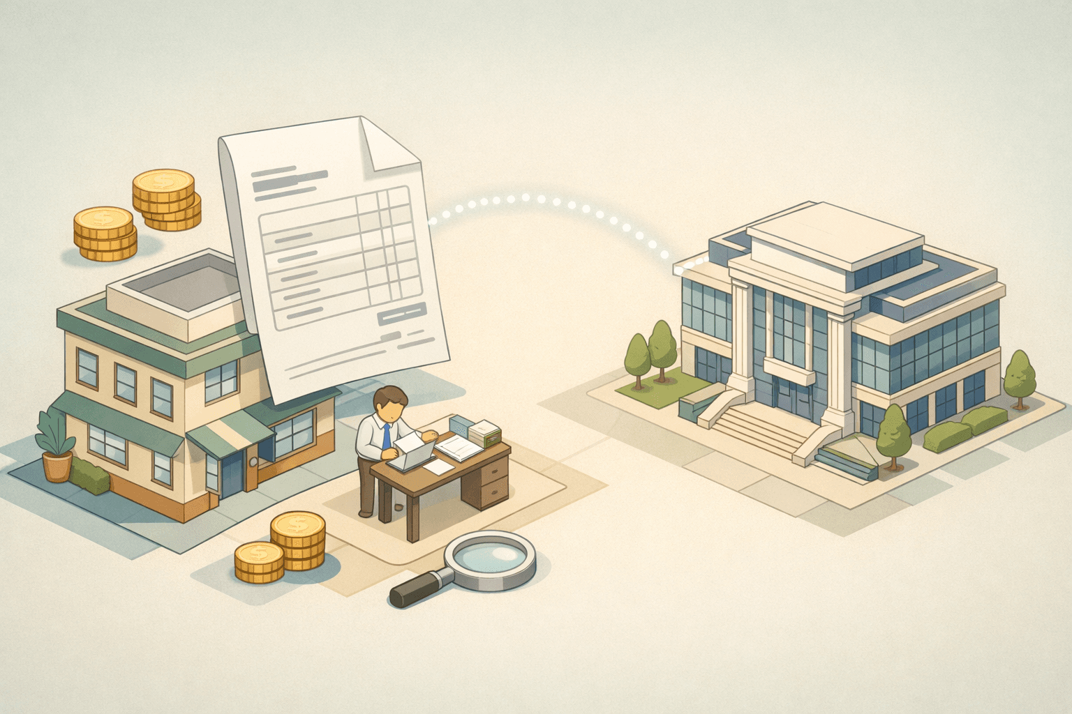 Small business owner reviewing invoices beside a bank building to unlock working capital through invoice financing