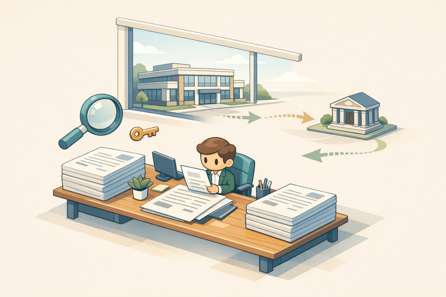 A small business owner at a desk reviewing invoices with a commercial building and cash flow elements in the background