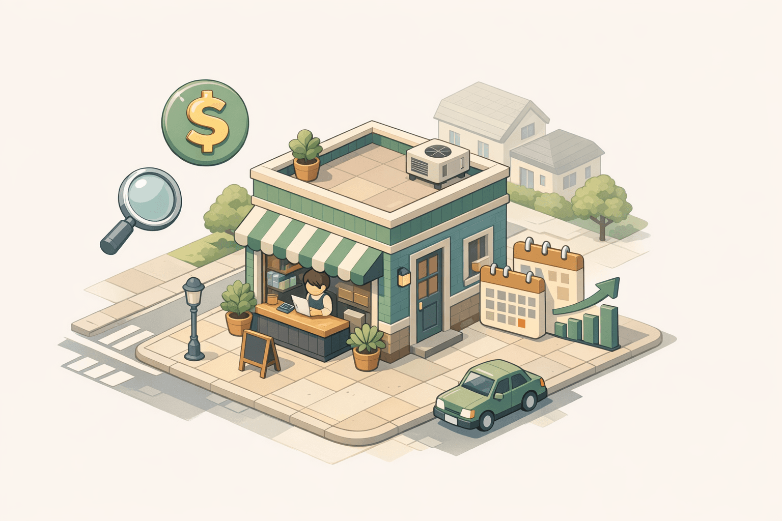 Small business owner reviewing financing documents at a retail storefront counter with financial icons nearby