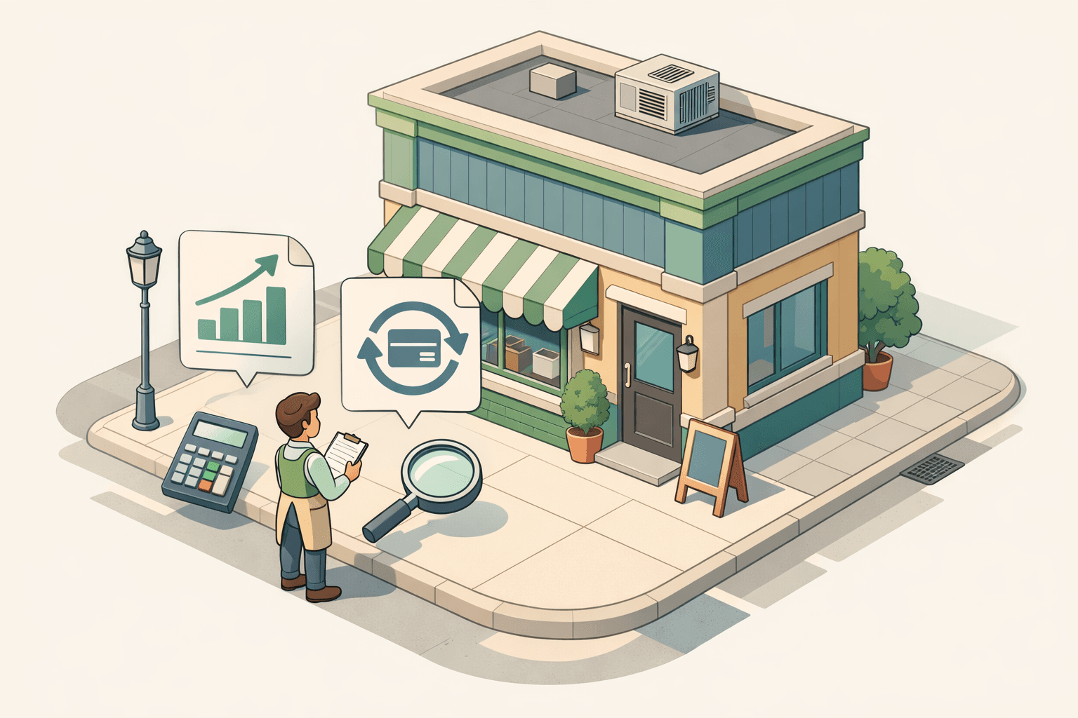 Small business owner reviewing two financing options outside a storefront with loan document icons floating nearby