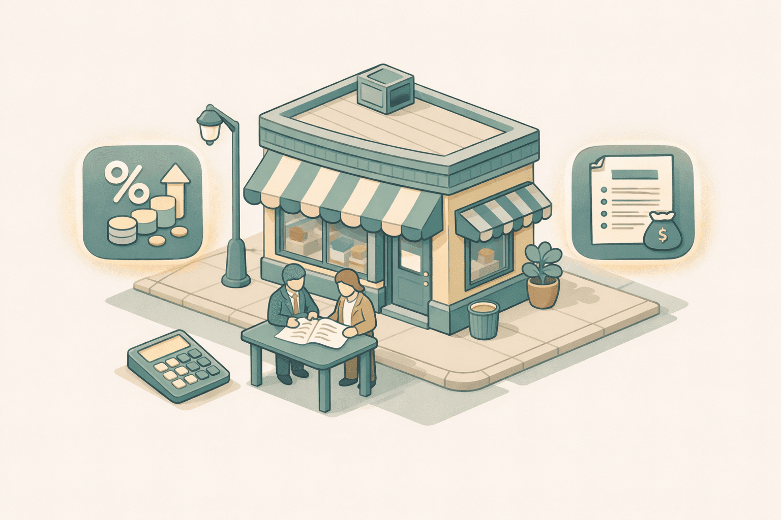 Small business owner reviewing merchant cash advance and term loan documents at a desk outside their storefront