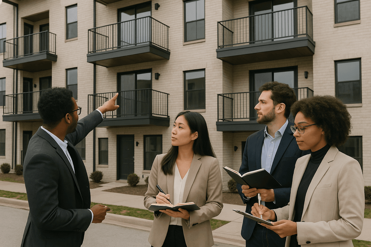 Infographic showing key benefits of multi-family investment financing, DSCR qualification, and financial documentation requirements.