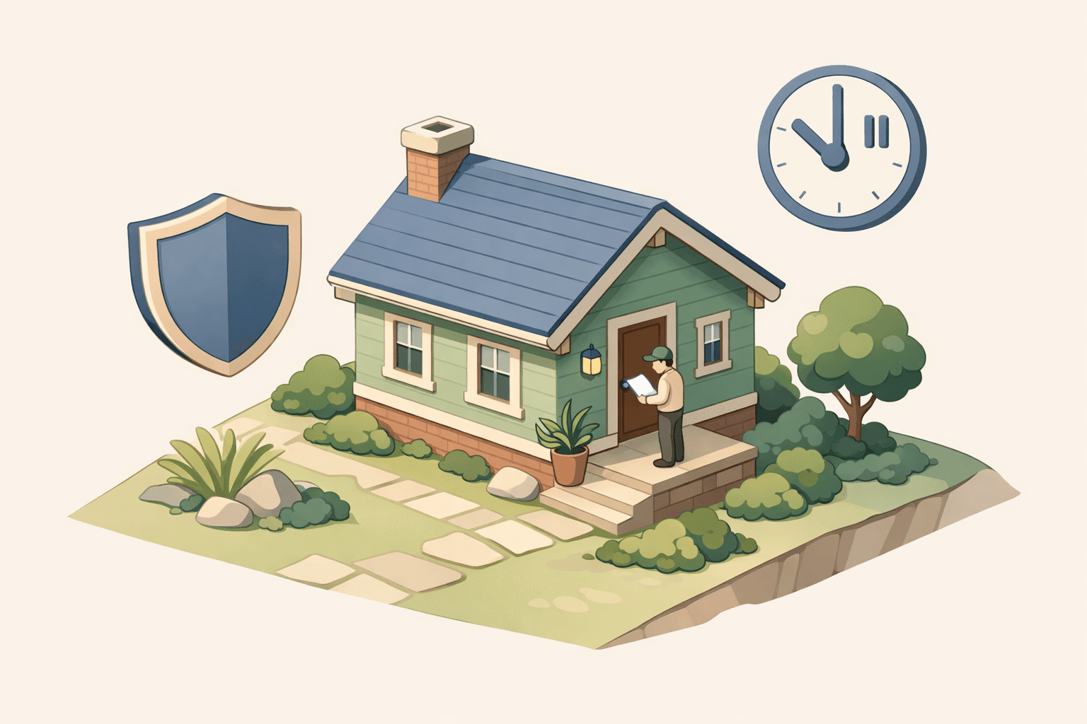 A homeowner reviews a mortgage forbearance agreement document outside their house with a protective shield icon nearby