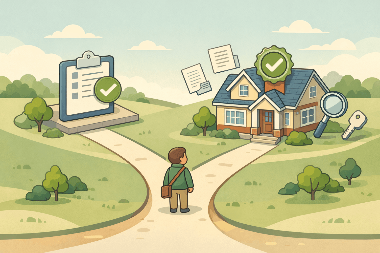 A homebuyer standing between two paths representing pre-qualification and pre-approval in a pastel neighborhood setting