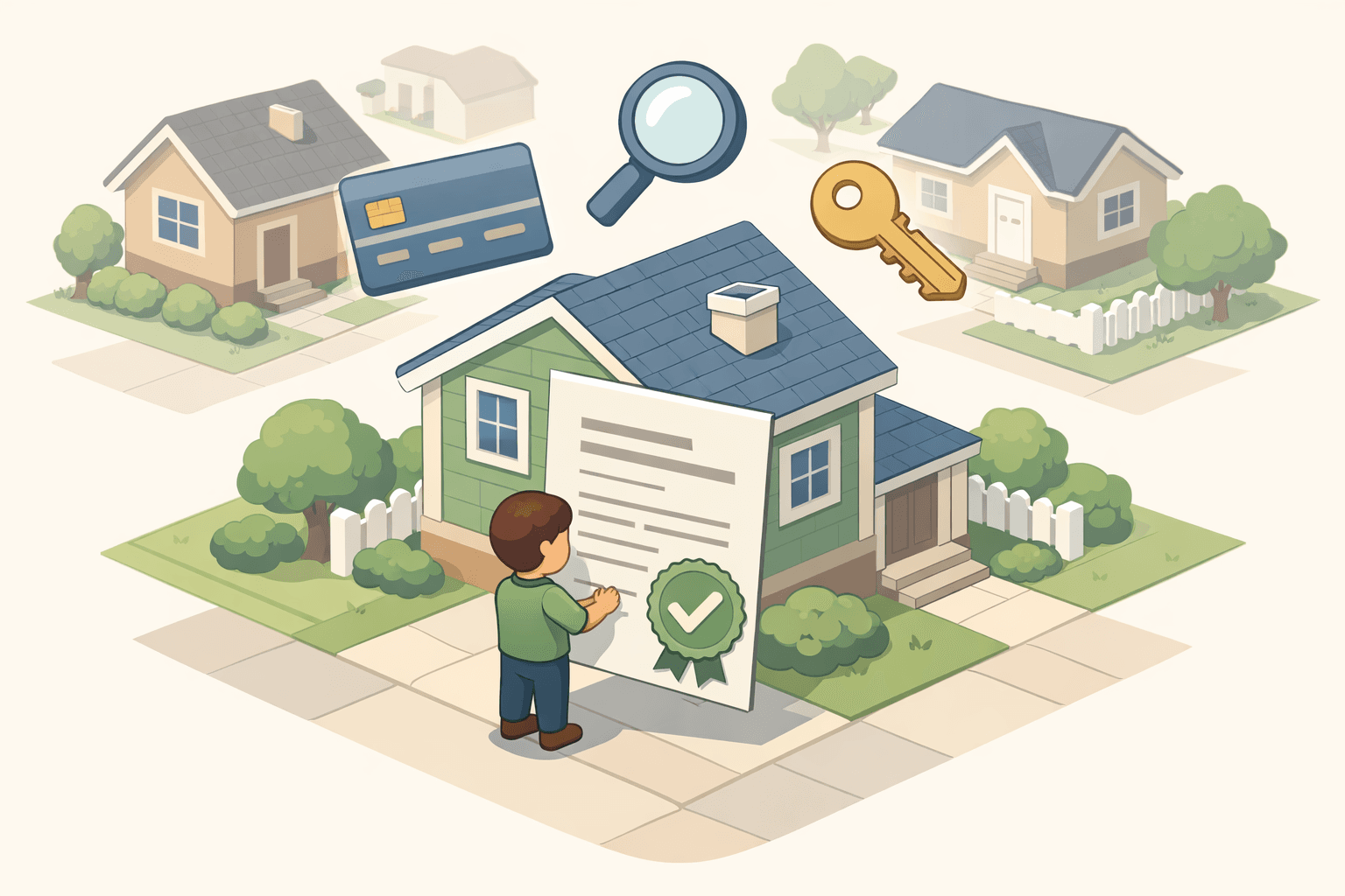 A person holding a pre-approval document in front of a home with floating finance icons nearby