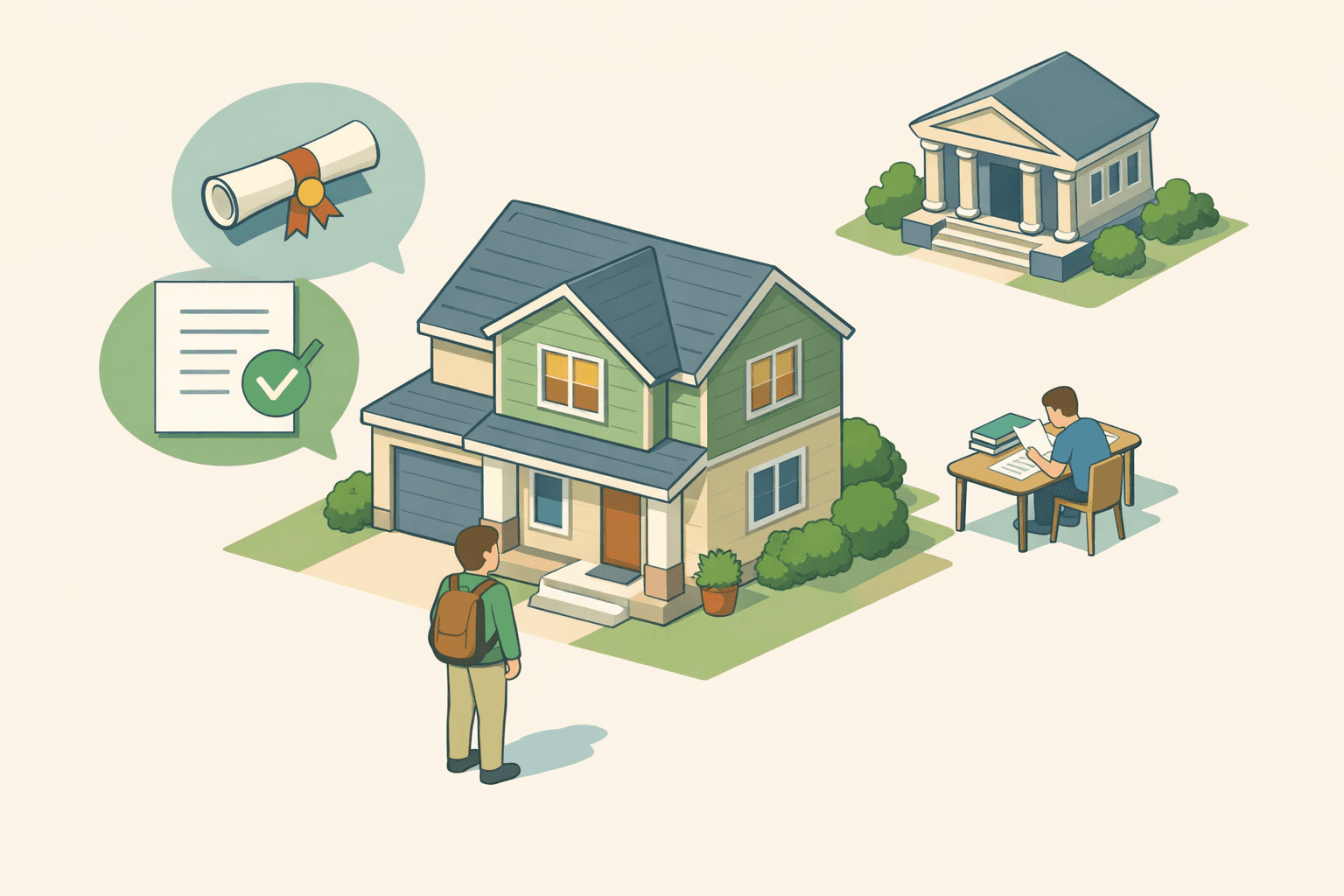 A homebuyer stands in front of a house with a diploma and loan document floating nearby, symbolizing buying a home with student debt.