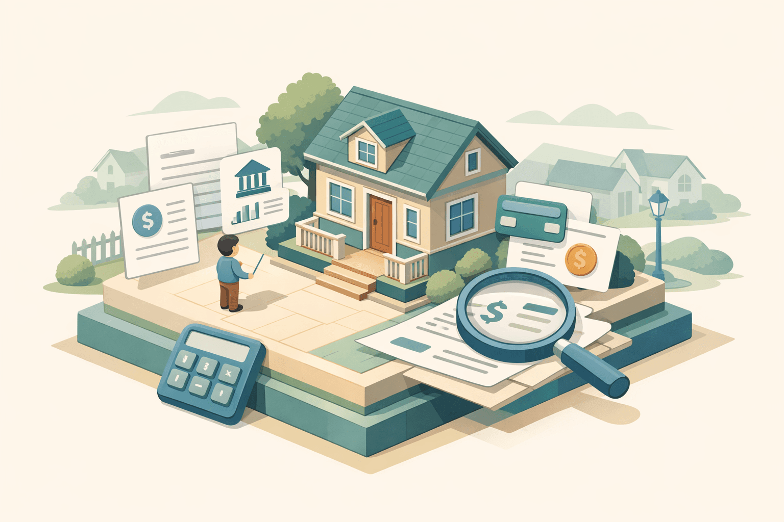 A small figure reviews floating document icons beside a stylized house, representing alternative mortgage documentation options.
