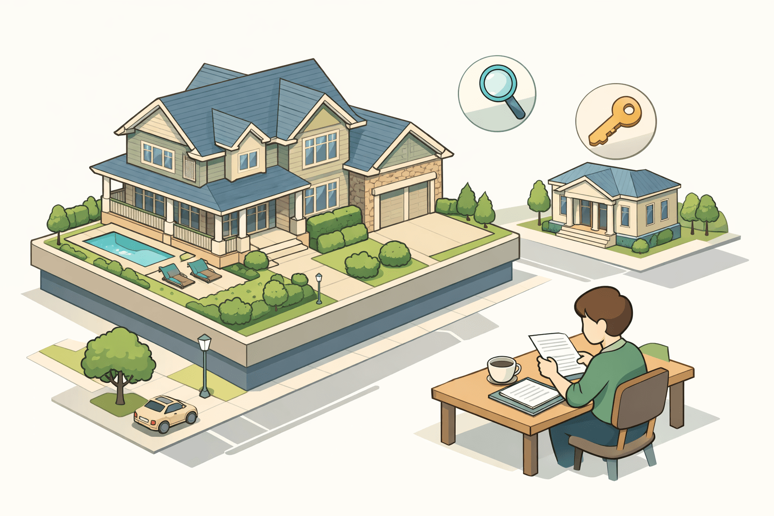 A large upscale home beside a person reviewing loan documents with a key and magnifying glass floating nearby