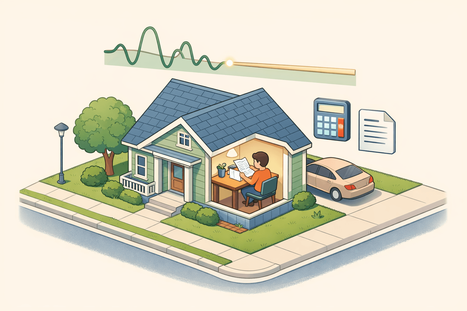 A homeowner reviews refinancing documents at a desk inside a house with a rate graph transitioning from variable to stable above the rooftop.