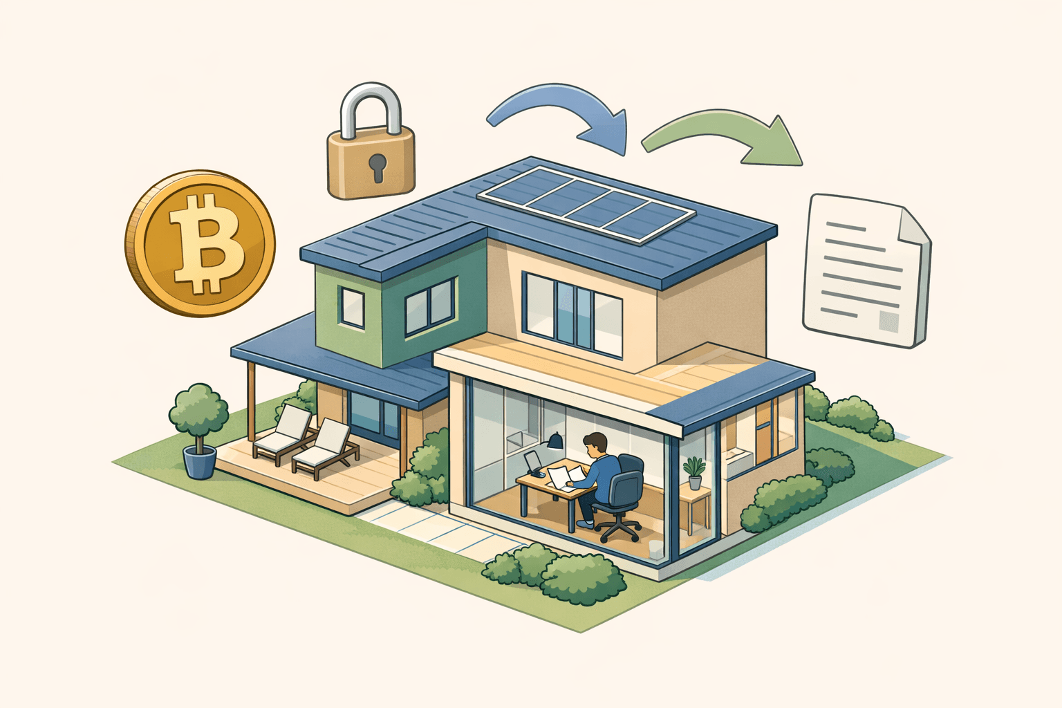 A modern home with cryptocurrency coin icons and refinance document graphics nearby, suggesting a mortgage refinance process for digital asset holders.