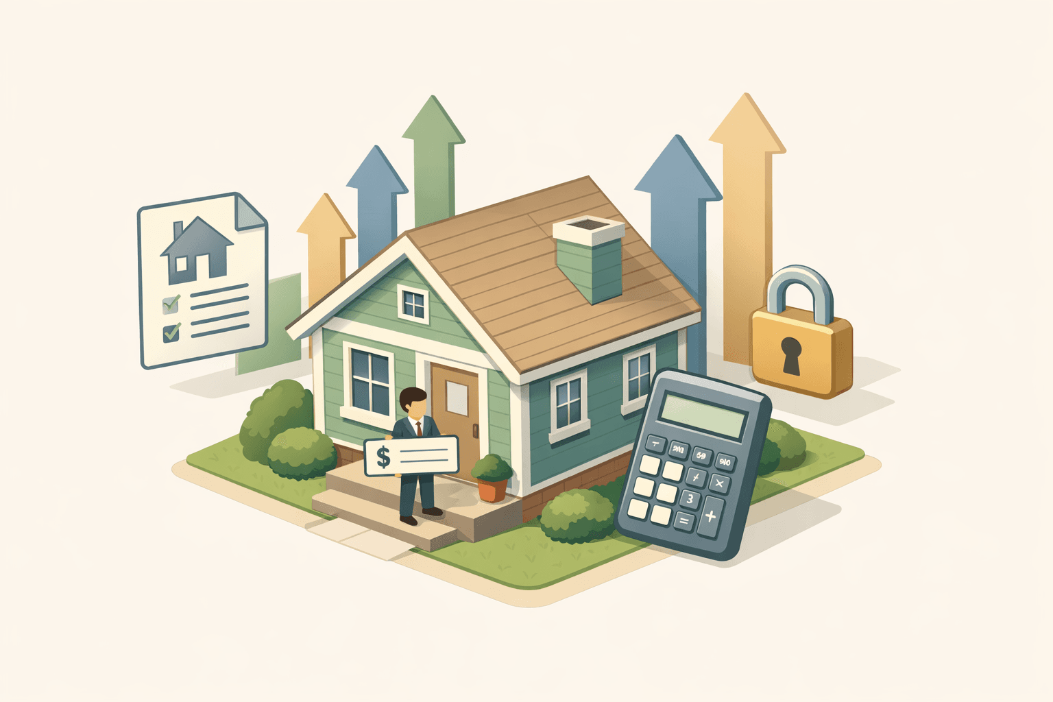 A homeowner reviewing refinance documents near a house with bonus pay and fixed-rate mortgage symbols nearby