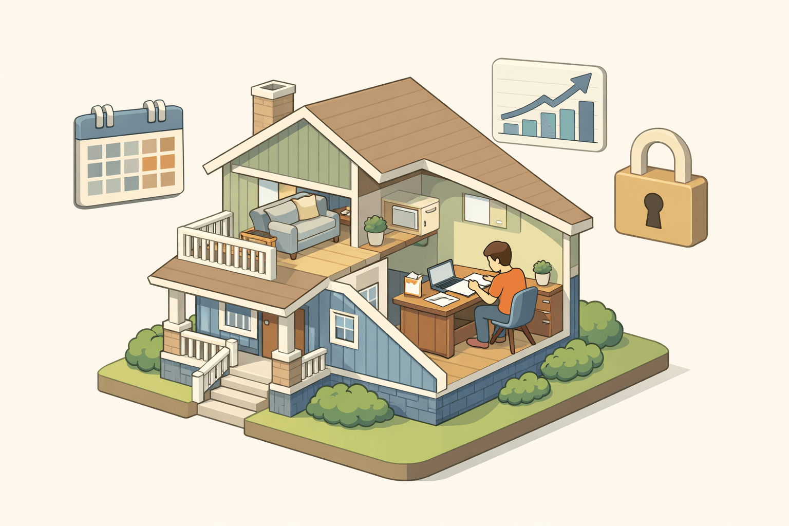A homeowner reviews refinancing documents at a desk inside a house, with icons representing mortgage rate stability nearby.