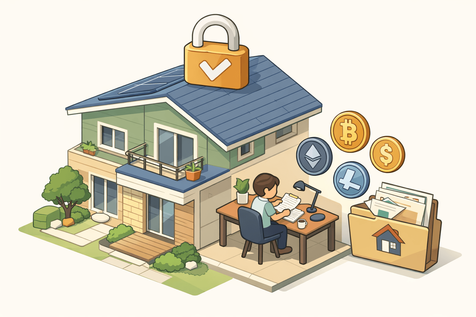 A homeowner reviewing refinance documents beside crypto mining icons and a house with a lock symbol representing fixed-rate mortgage stability.