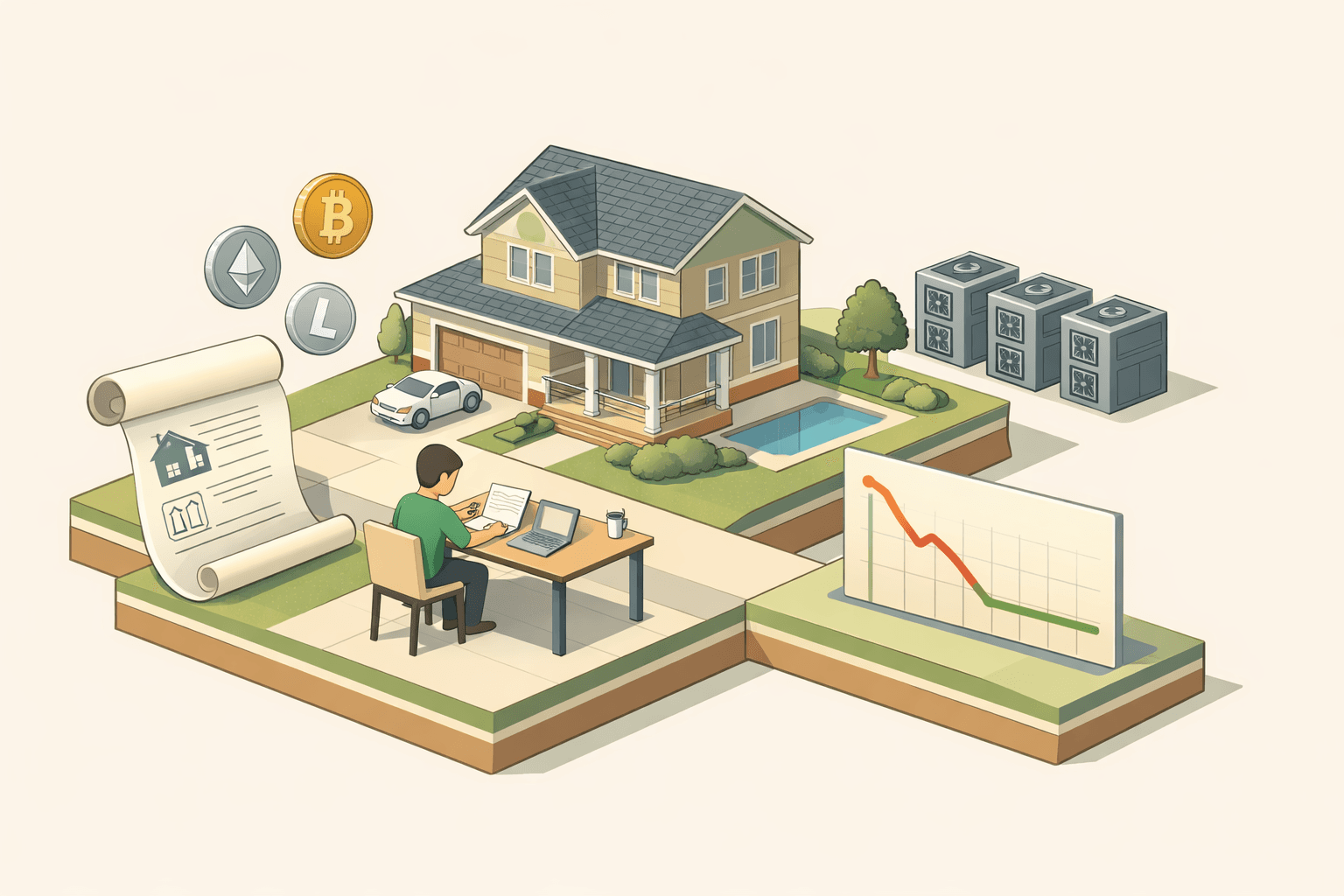 A homeowner reviews refinance documents beside cryptocurrency mining equipment and a house, weighing ARM mortgage options.