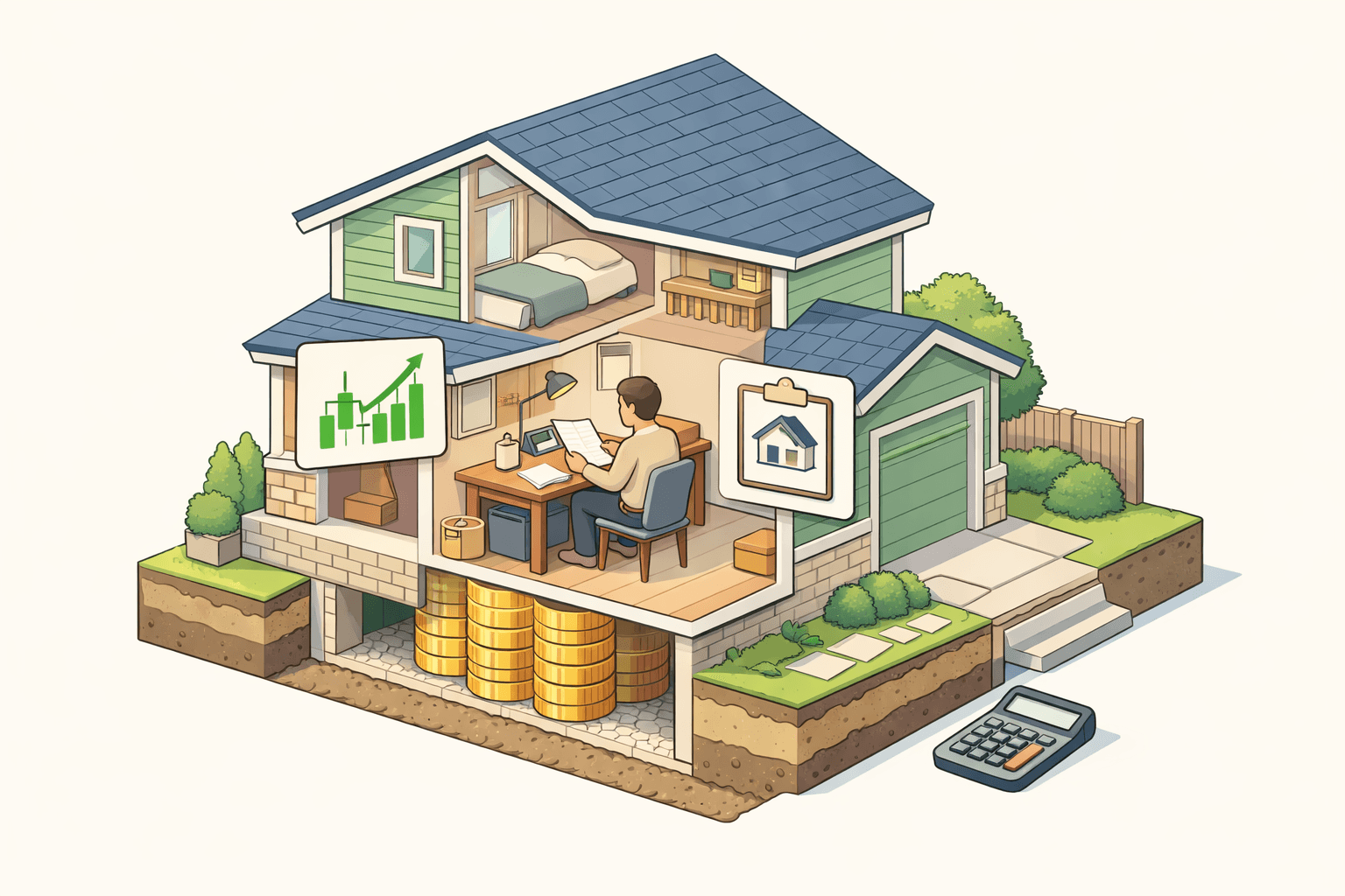 Homeowner reviewing refinance documents beside a stock portfolio chart and a house in a pastel isometric scene