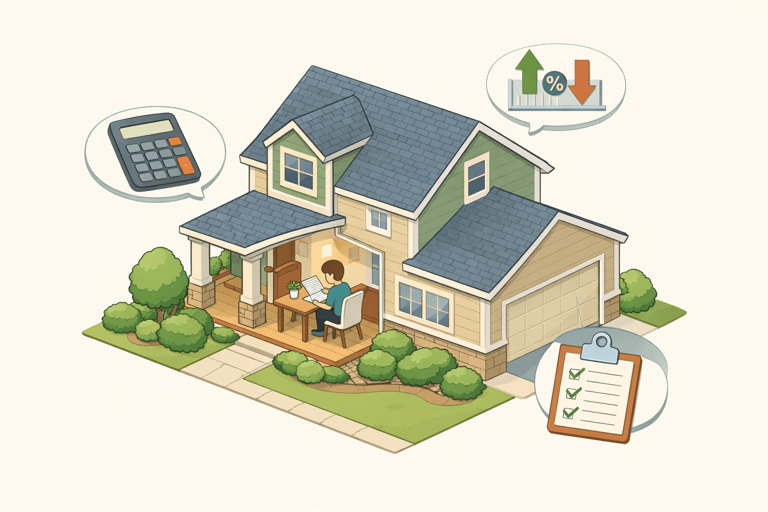 A homeowner reviews refinancing documents near their house with mortgage rate and calculator icons floating nearby.