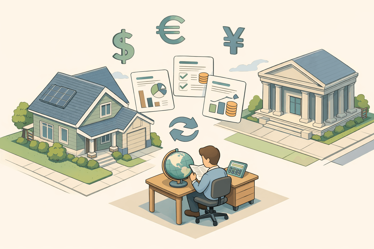 Homeowner reviewing foreign dividend documents beside a house model and globe on a desk