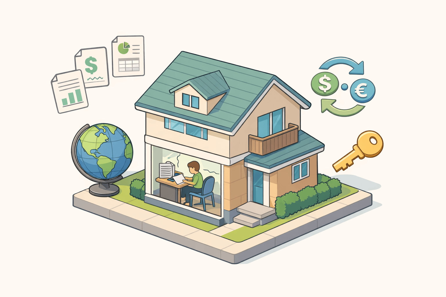 A house with floating document icons and a globe representing the process of refinancing a mortgage using foreign earned income