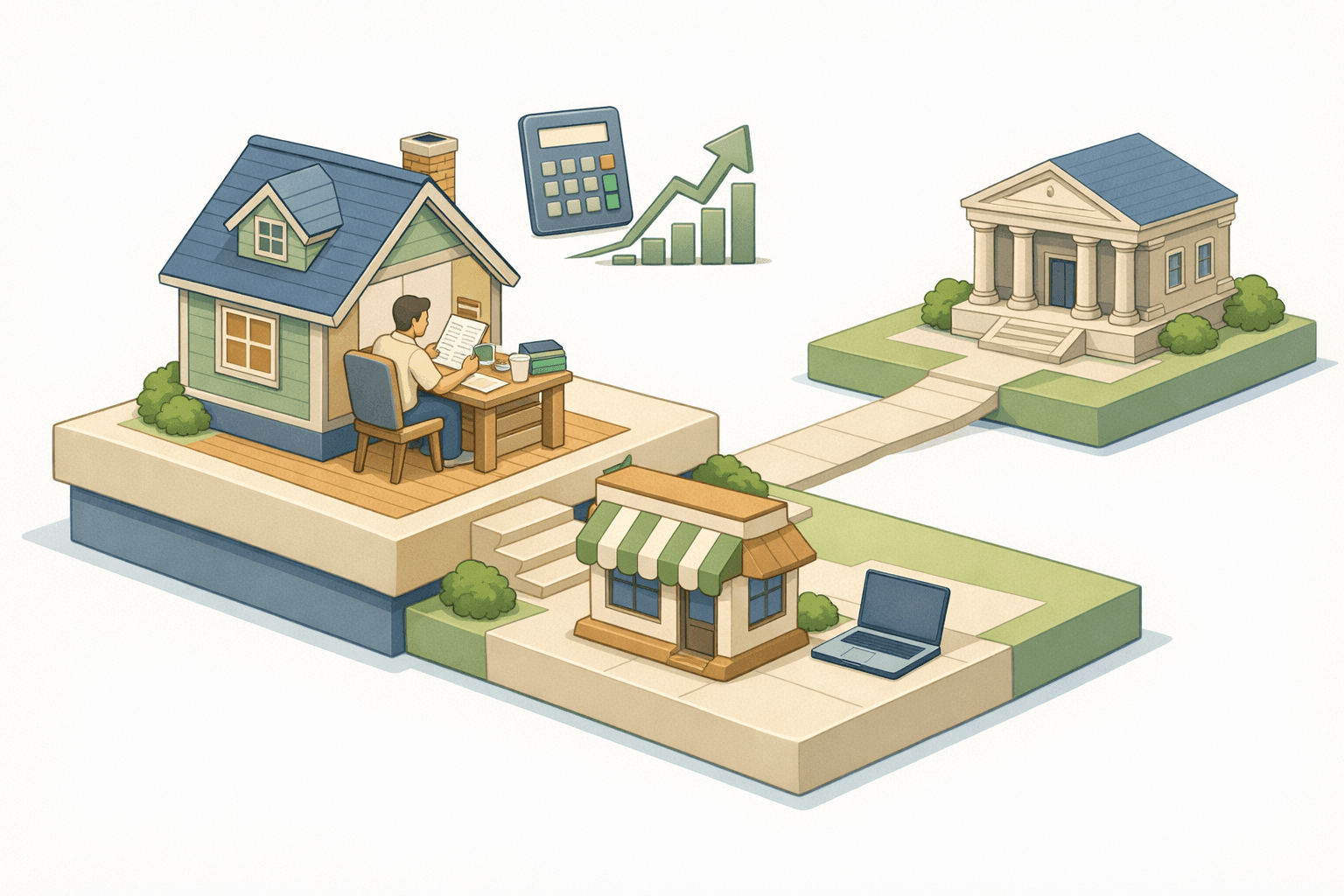 A homeowner reviews refinancing documents at a desk with a side hustle storefront and bank building in the background.