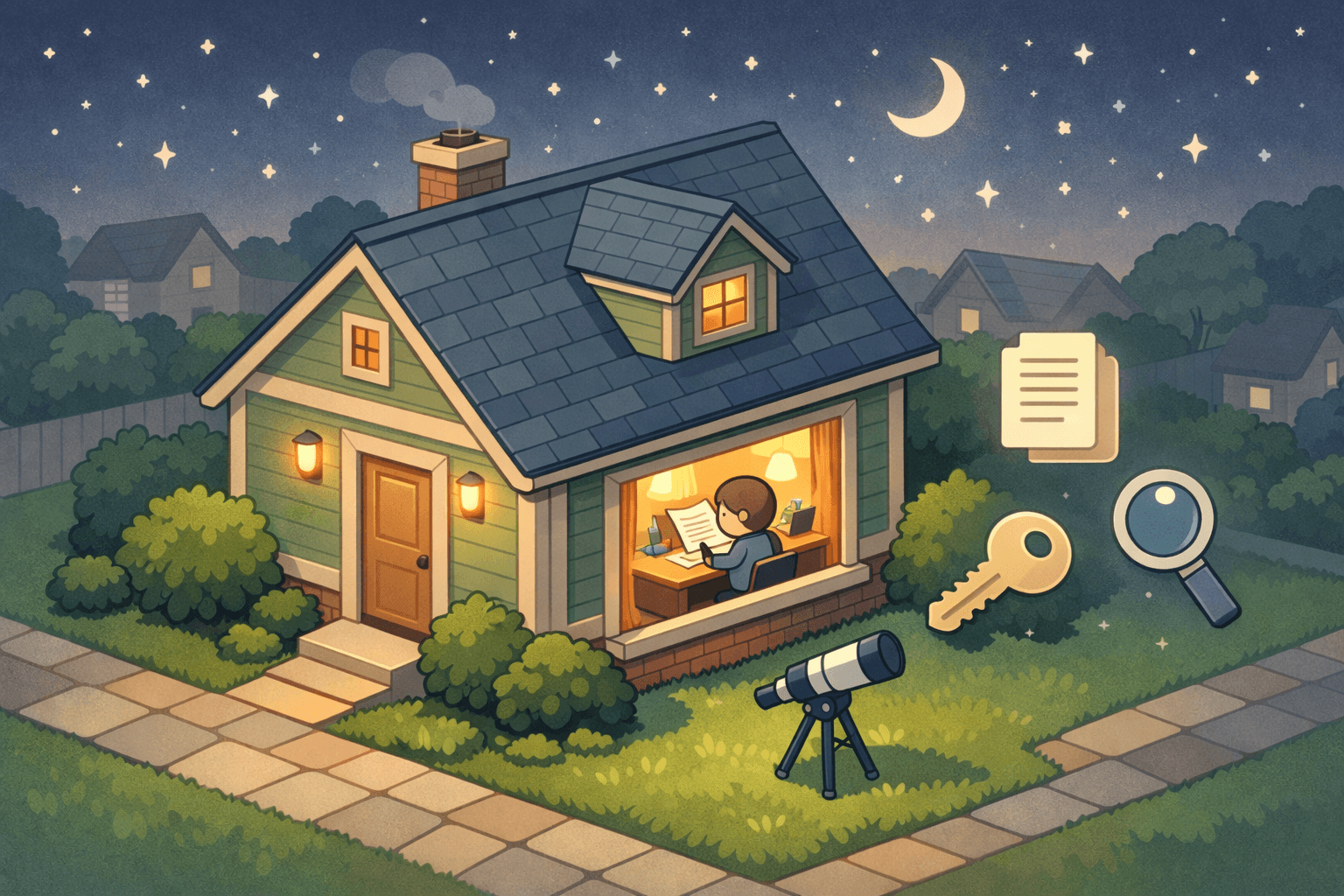 A small house at night with a telescope on the lawn and a homeowner reviewing mortgage refinance documents inside.