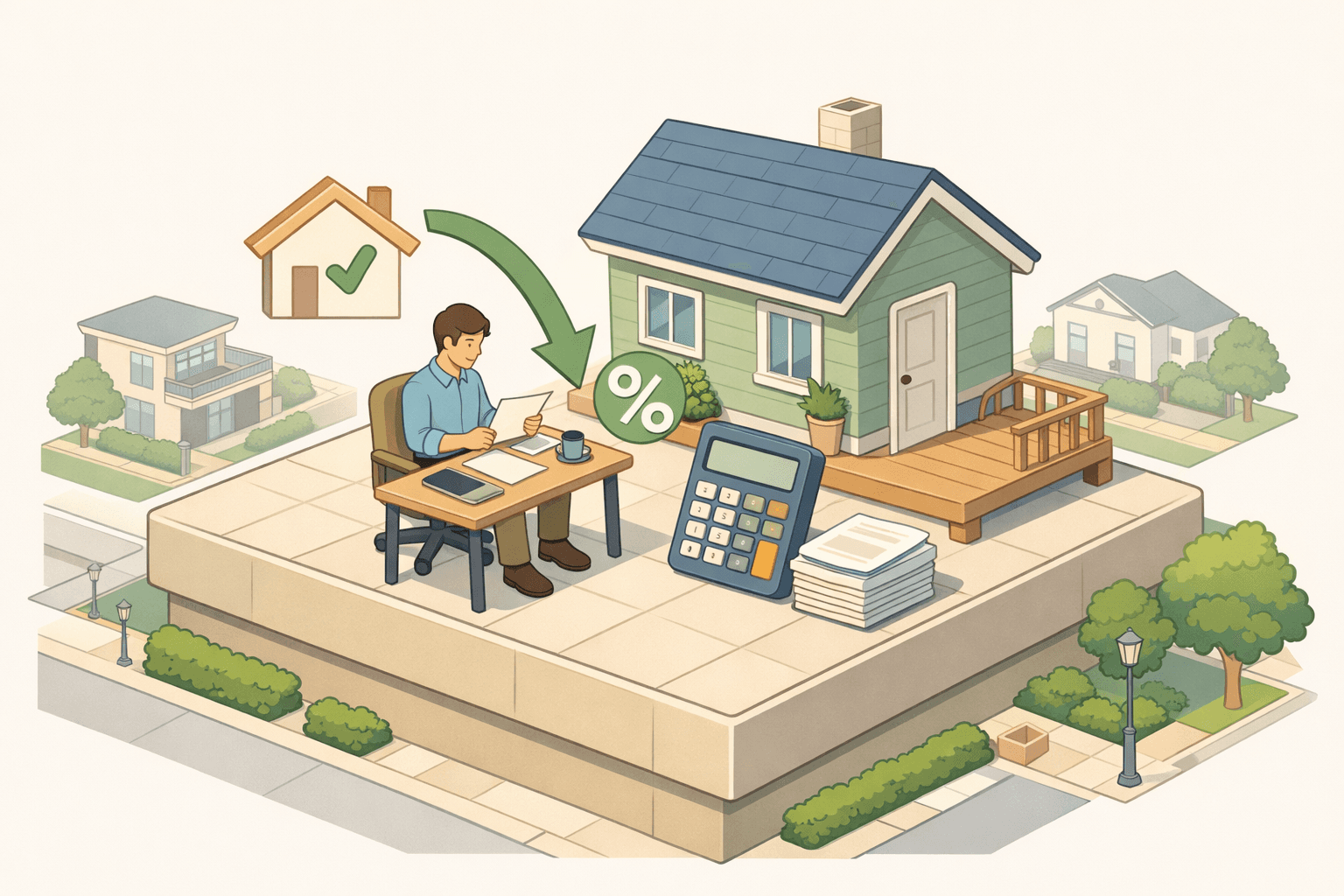 A freelance consultant reviews mortgage refinance documents at a home desk with a house and rate icons nearby.