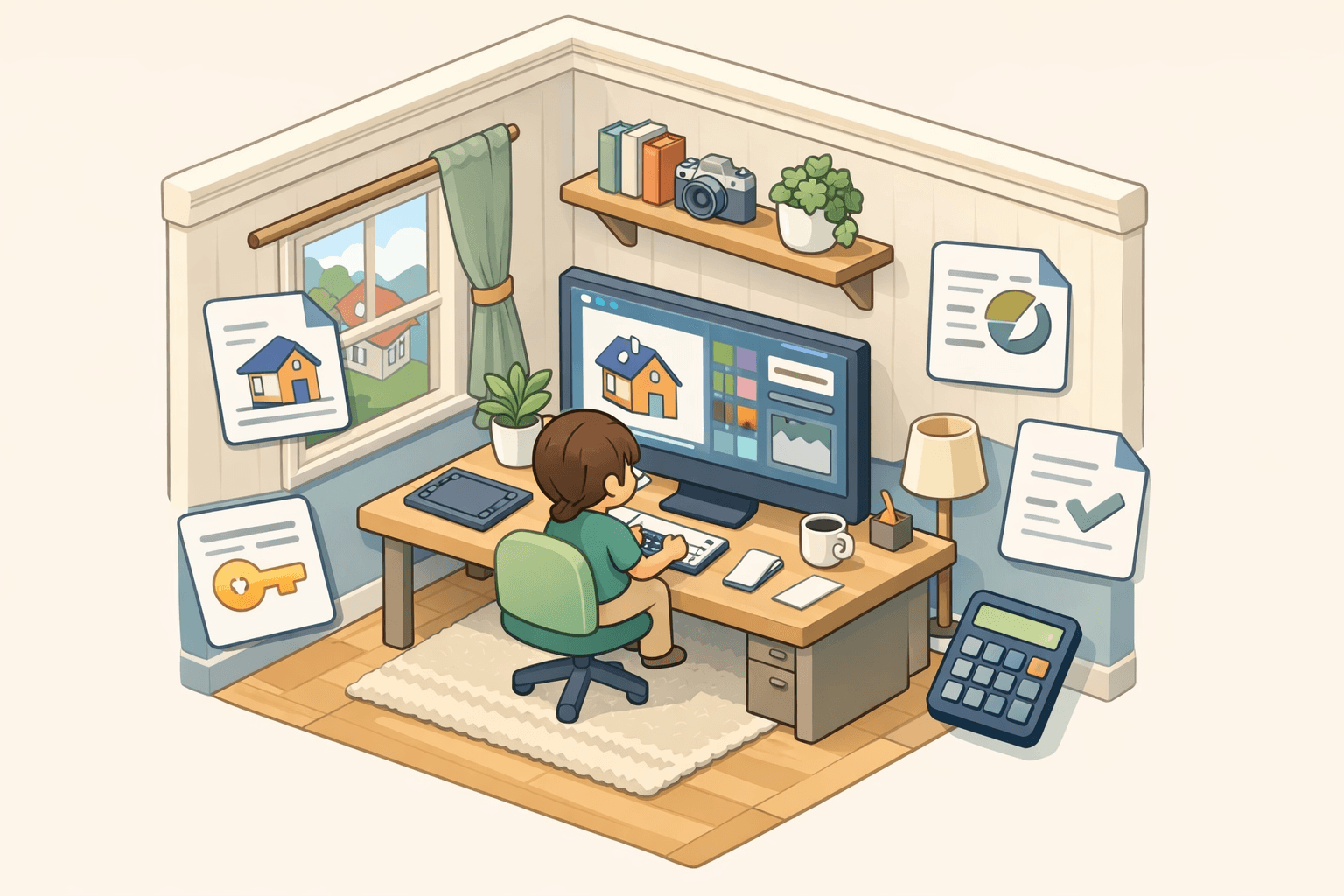 Freelance graphic designer working at a home office desk reviewing mortgage refinance documents on a computer screen.