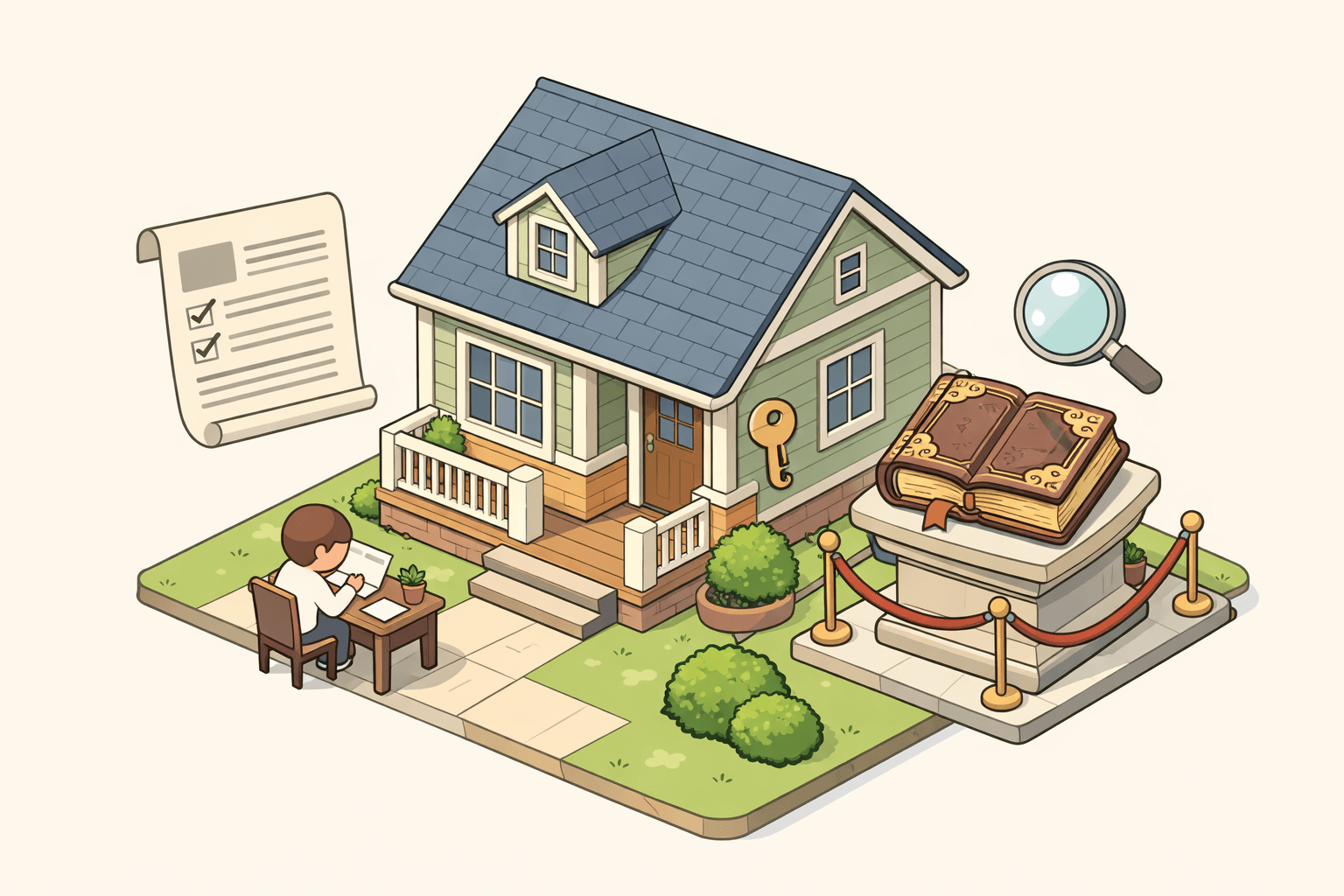 A home with a floating mortgage document and a rare book on a pedestal, representing refinancing with specialty appraisal income.