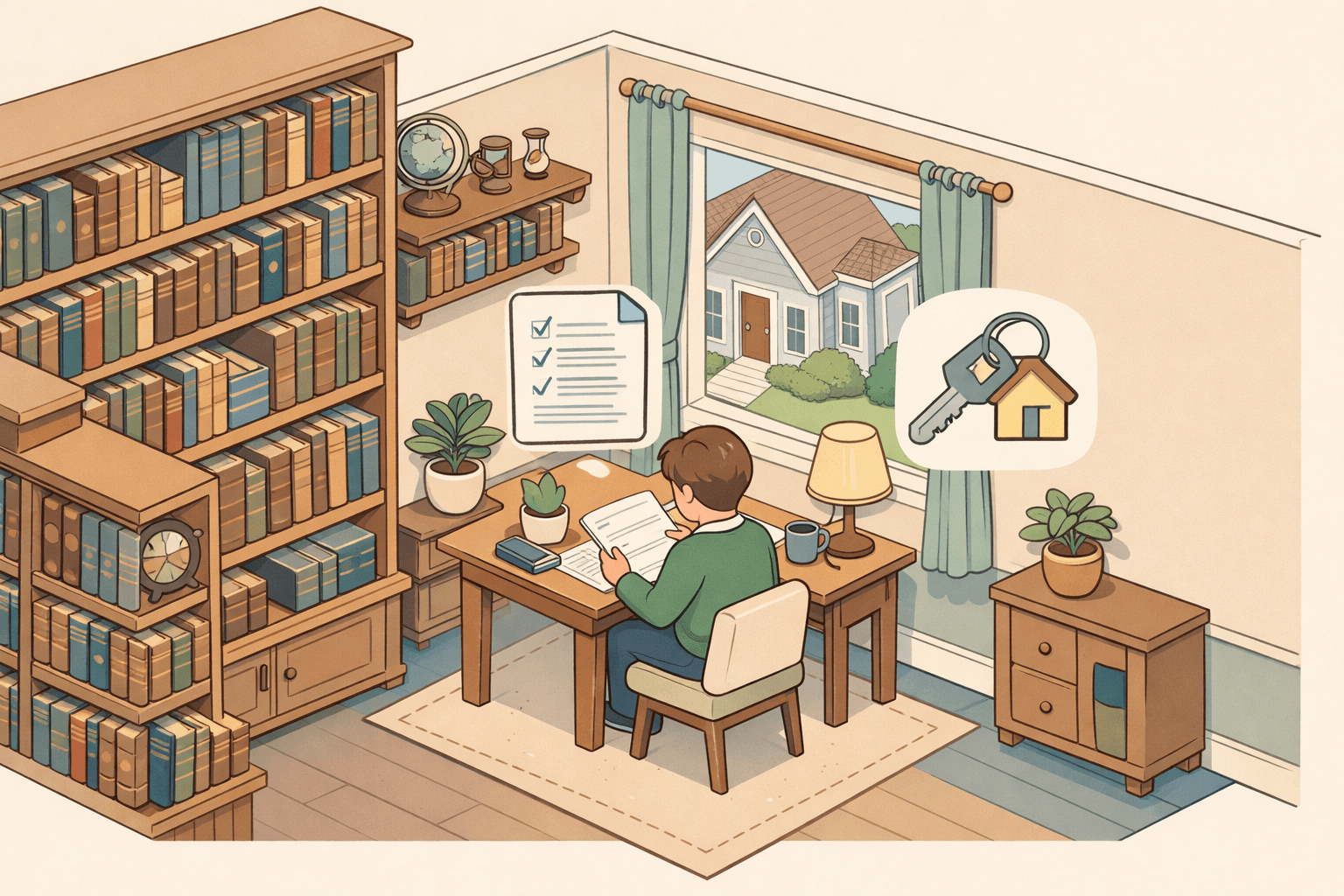 A homeowner reviews refinancing documents at a desk surrounded by shelves of rare books with a house visible outside.