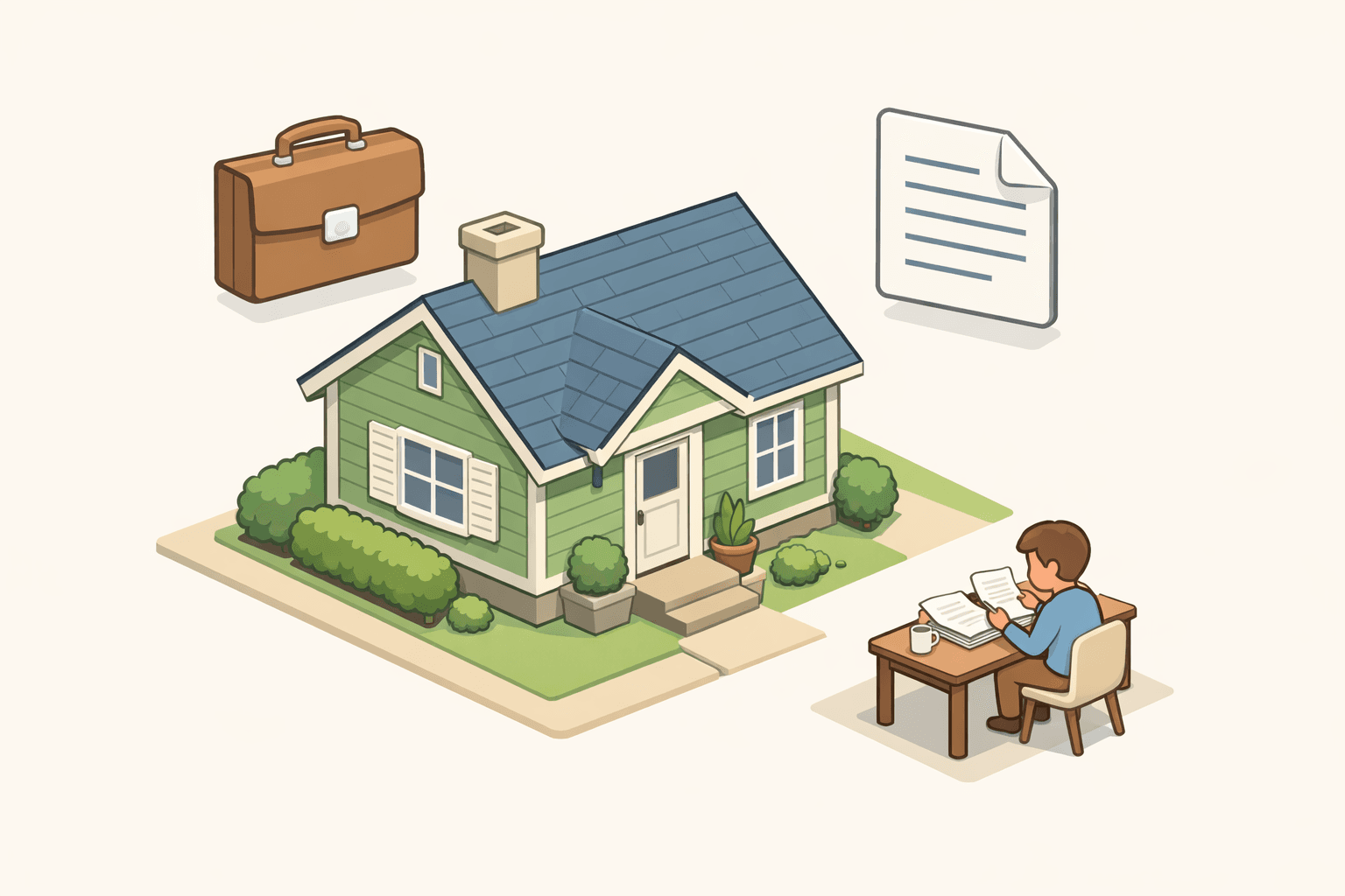 A homeowner reviewing refinancing documents at a desk beside a house model, with a briefcase symbolizing a recent job change nearby.