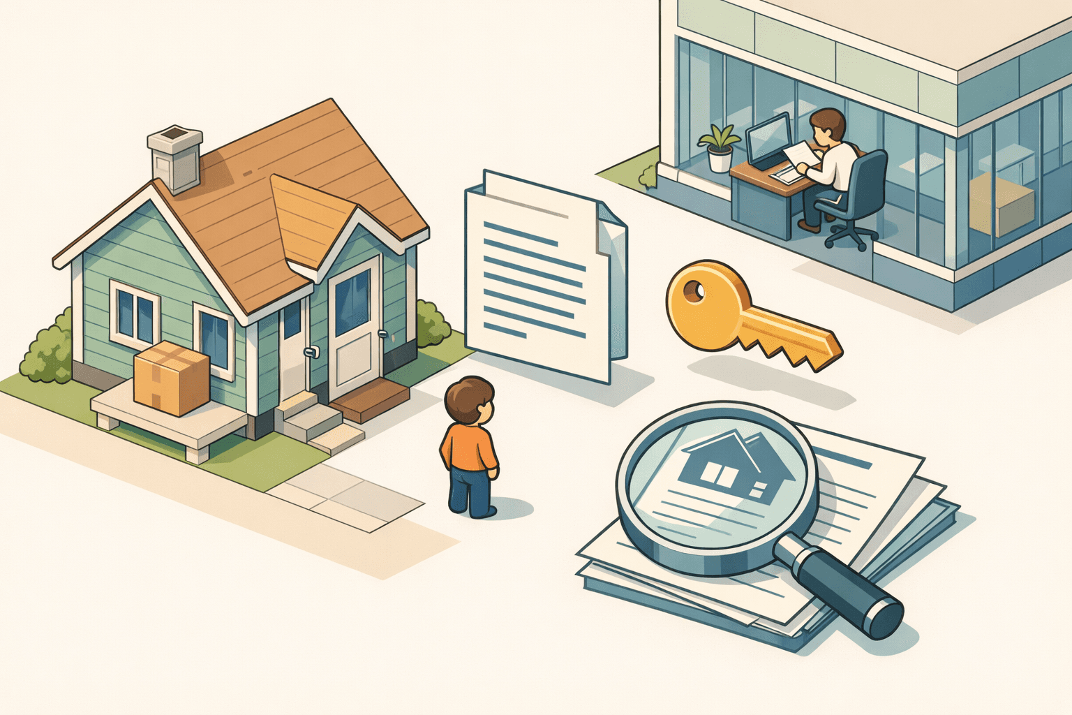A homeowner reviewing refinance documents near a house after a job relocation, with a key and document icons nearby.