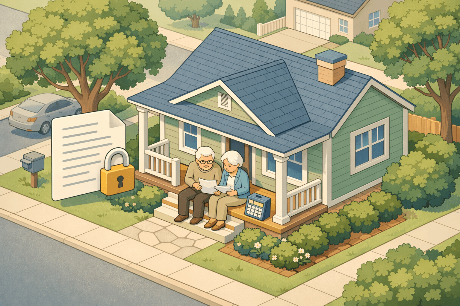 Retired couple reviewing mortgage refinance documents outside their home with a calculator nearby