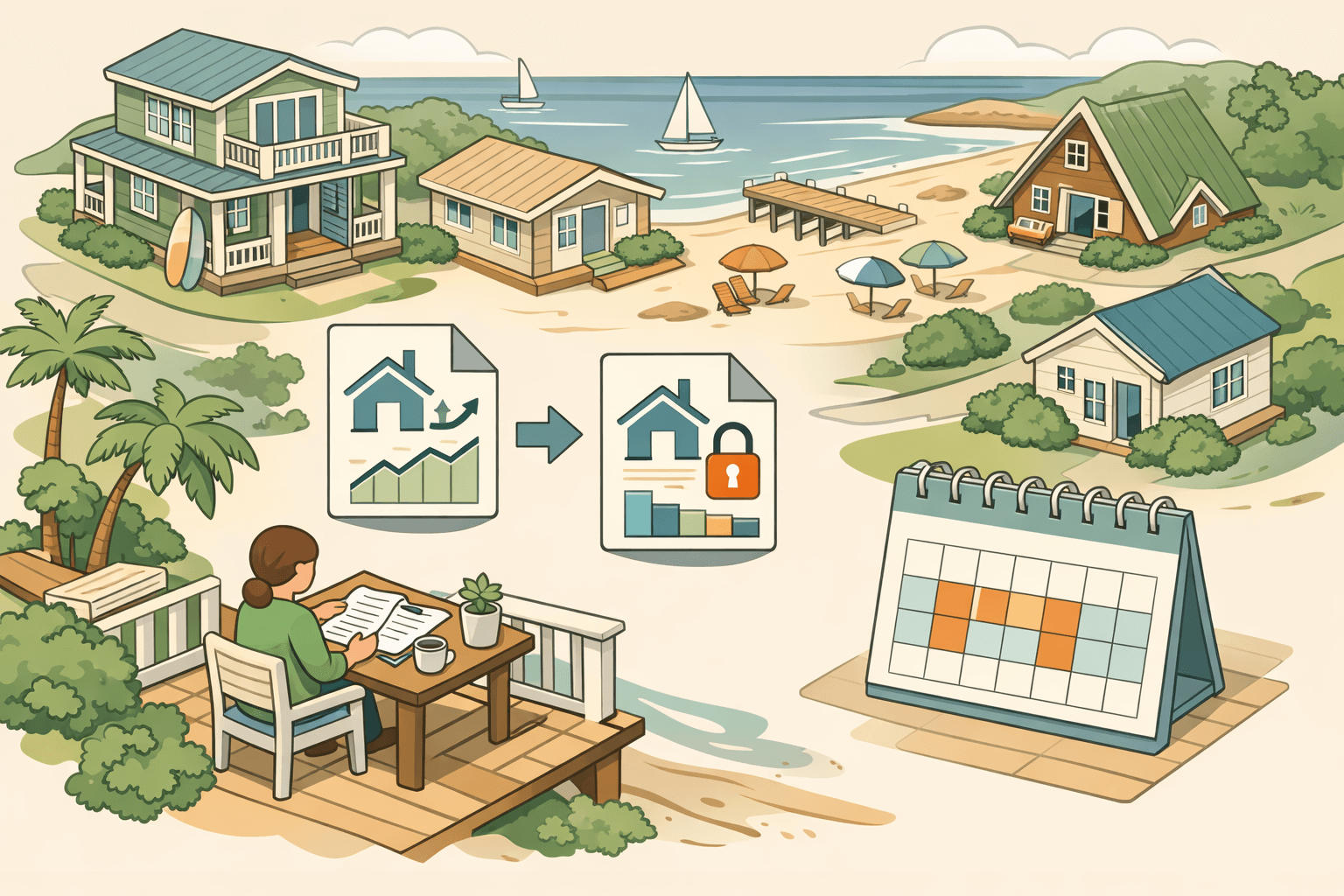 A coastal neighborhood with a homeowner reviewing mortgage refinance documents at an outdoor table near beachside buildings