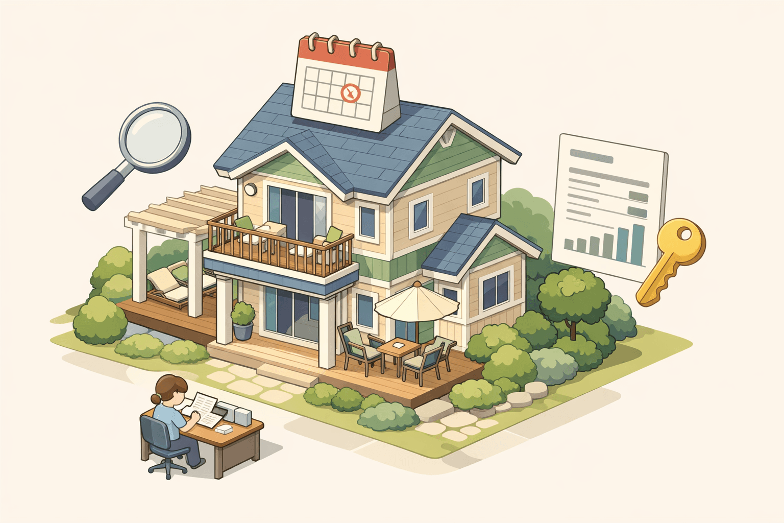 A vacation rental home with a document and key icon nearby, representing refinancing an ARM mortgage using short-term rental income