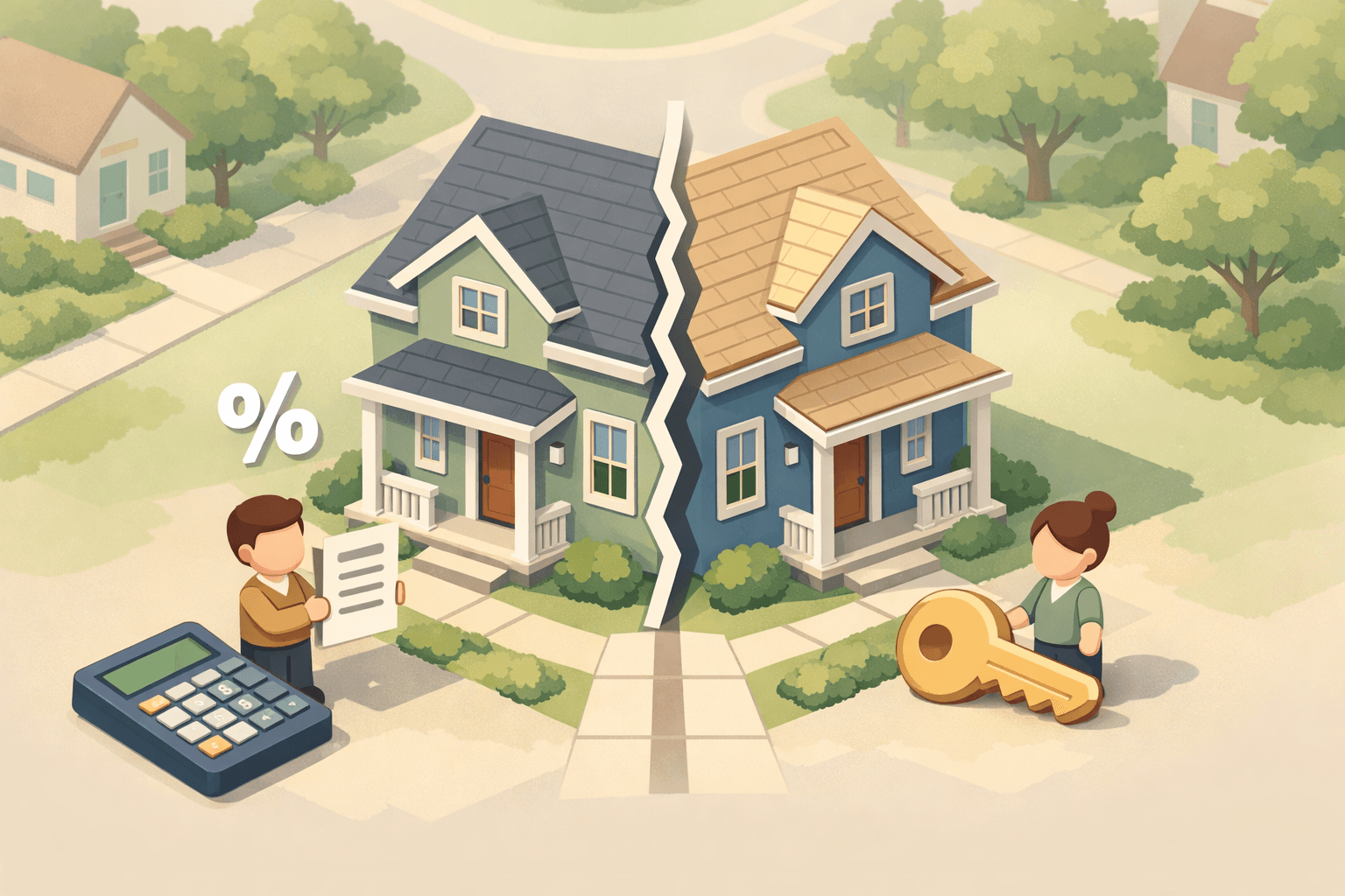 Two people standing on either side of a house with a document and key icon, representing a mortgage buyout after divorce.