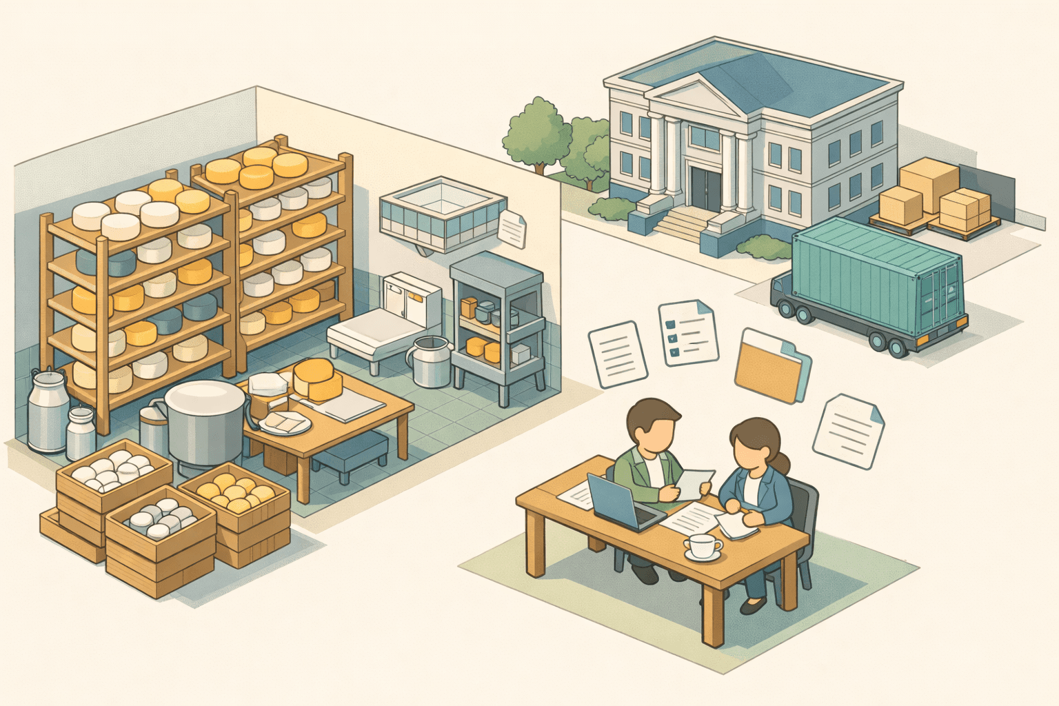Small artisanal cheese production facility with aging racks and a tiny figure reviewing trade financing documents at a desk
