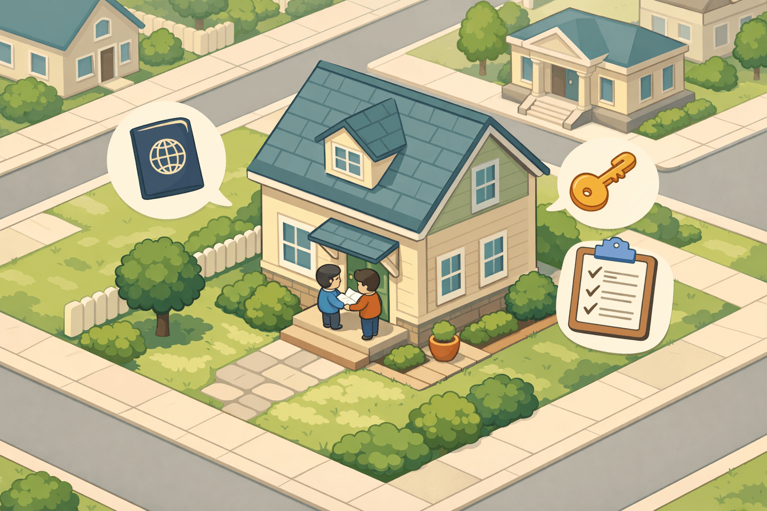 Two people reviewing mortgage documents outside a home, with a passport and key icons nearby in a suburban neighborhood scene.