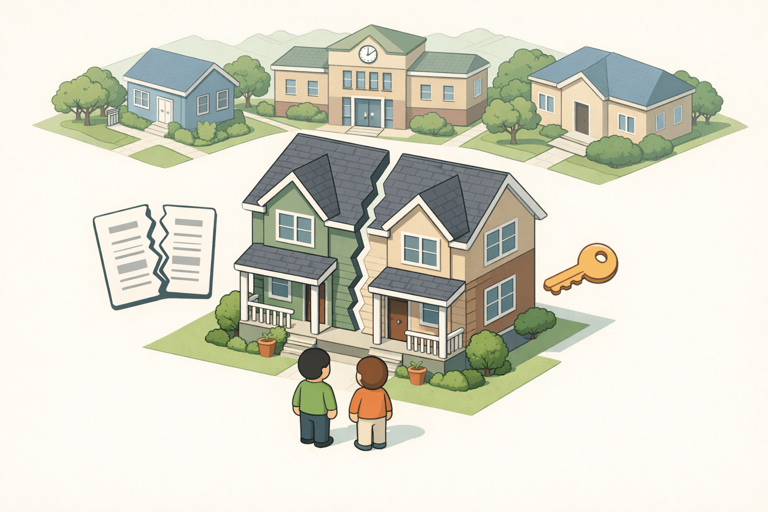 Two people reviewing a shared equity agreement outside a co-housing property in a residential neighborhood