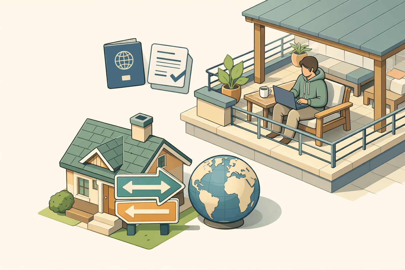 A small person works on a laptop near a home model with floating document and globe icons representing nomadic mortgage refinancing
