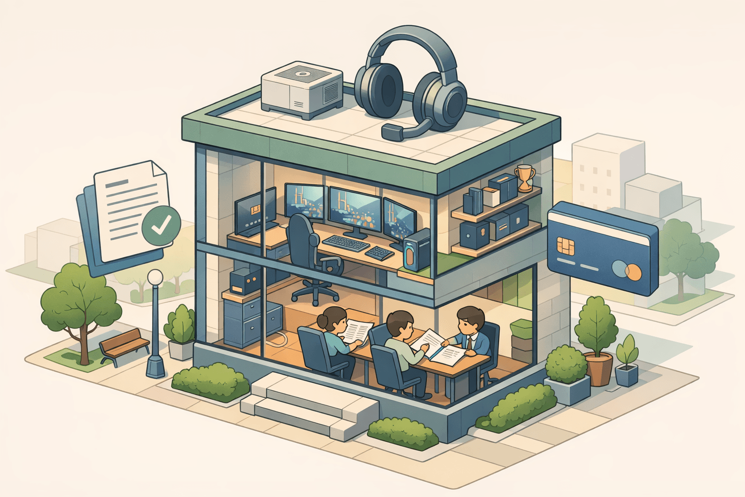 Isometric scene of an esports team office with people reviewing business documents and a line of credit application.