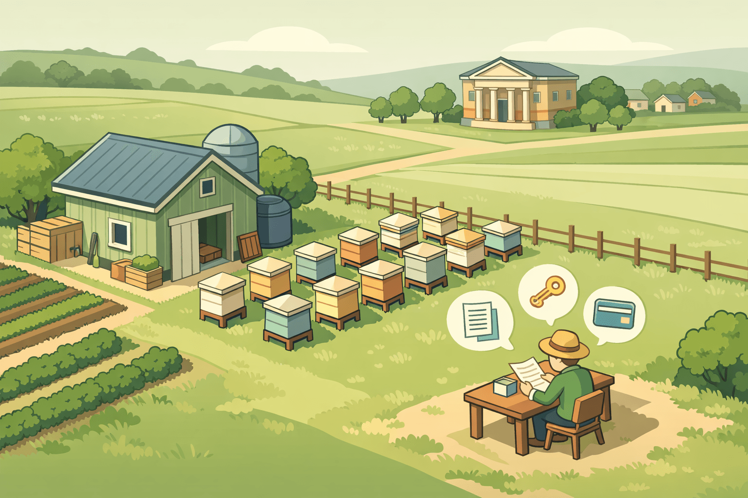 Isometric scene of a small beekeeping farm with hives, a rural building, and a figure reviewing financial documents outdoors
