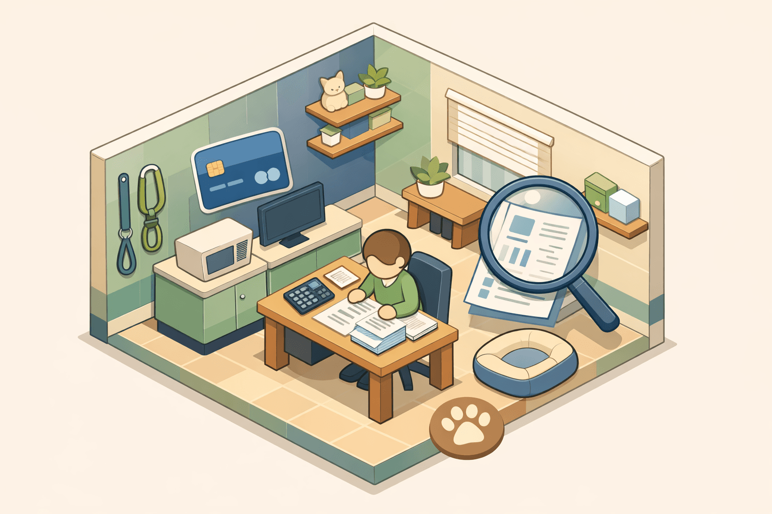 A small business owner at a desk reviewing financial documents inside a pet services office with a business credit card nearby