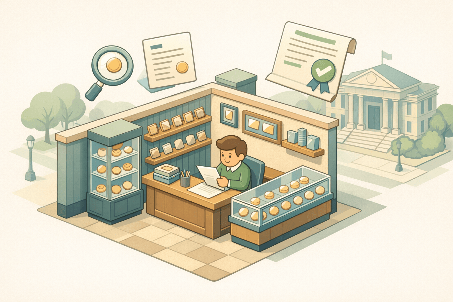 A small rare coin dealership with display cases and a business owner reviewing financing documents at a desk