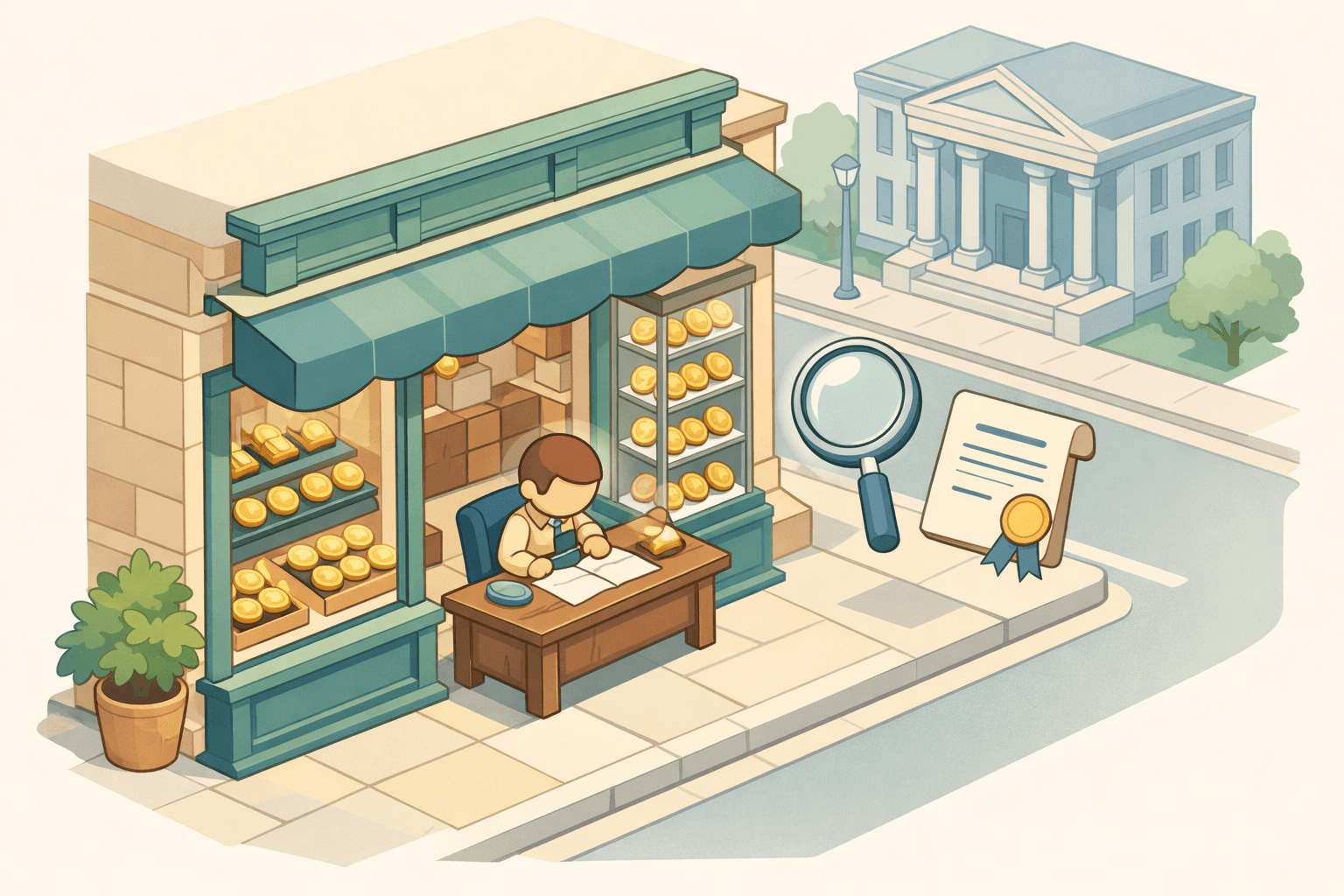 Isometric scene of a rare coin dealer shop with display cases, a figure reviewing documents, and a bank building nearby.