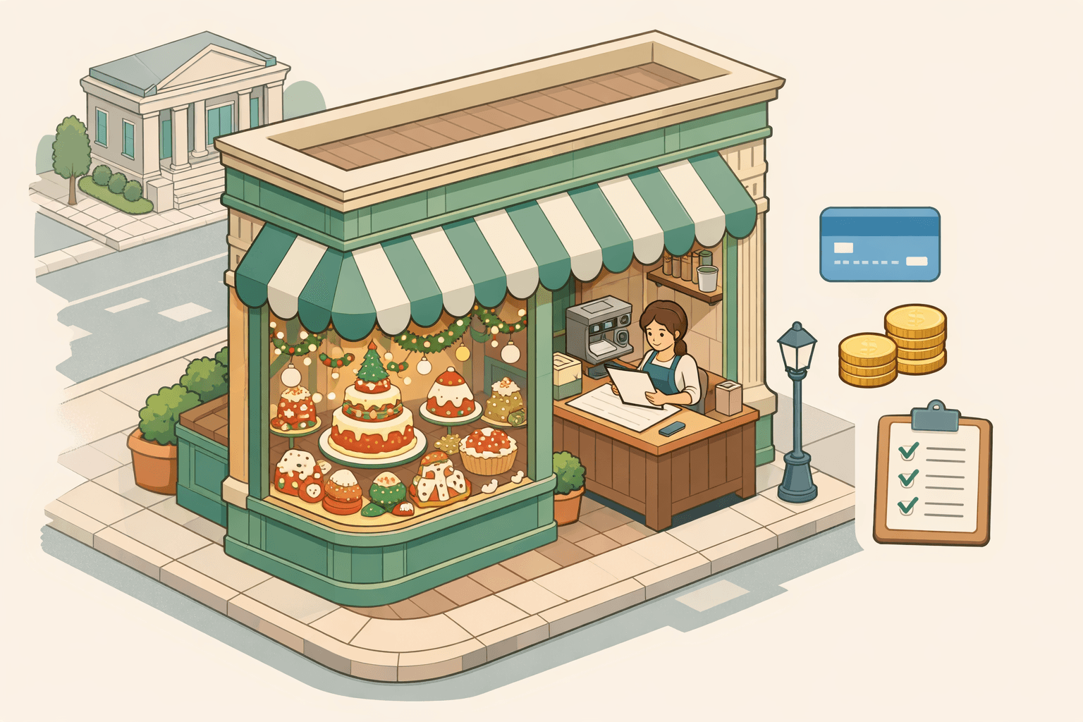 Isometric illustration of a seasonal bakery storefront with holiday pastries, a business owner reviewing loan documents, and a small bank nearby.