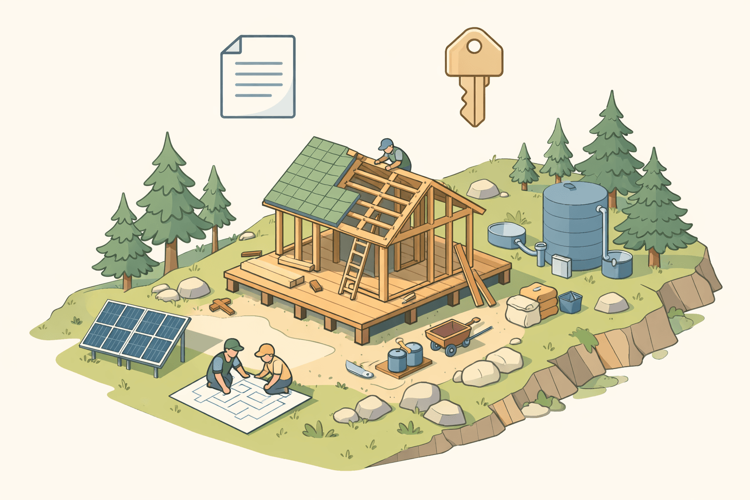 A small off-grid cabin under construction on a remote hillside with solar panels and blueprints nearby