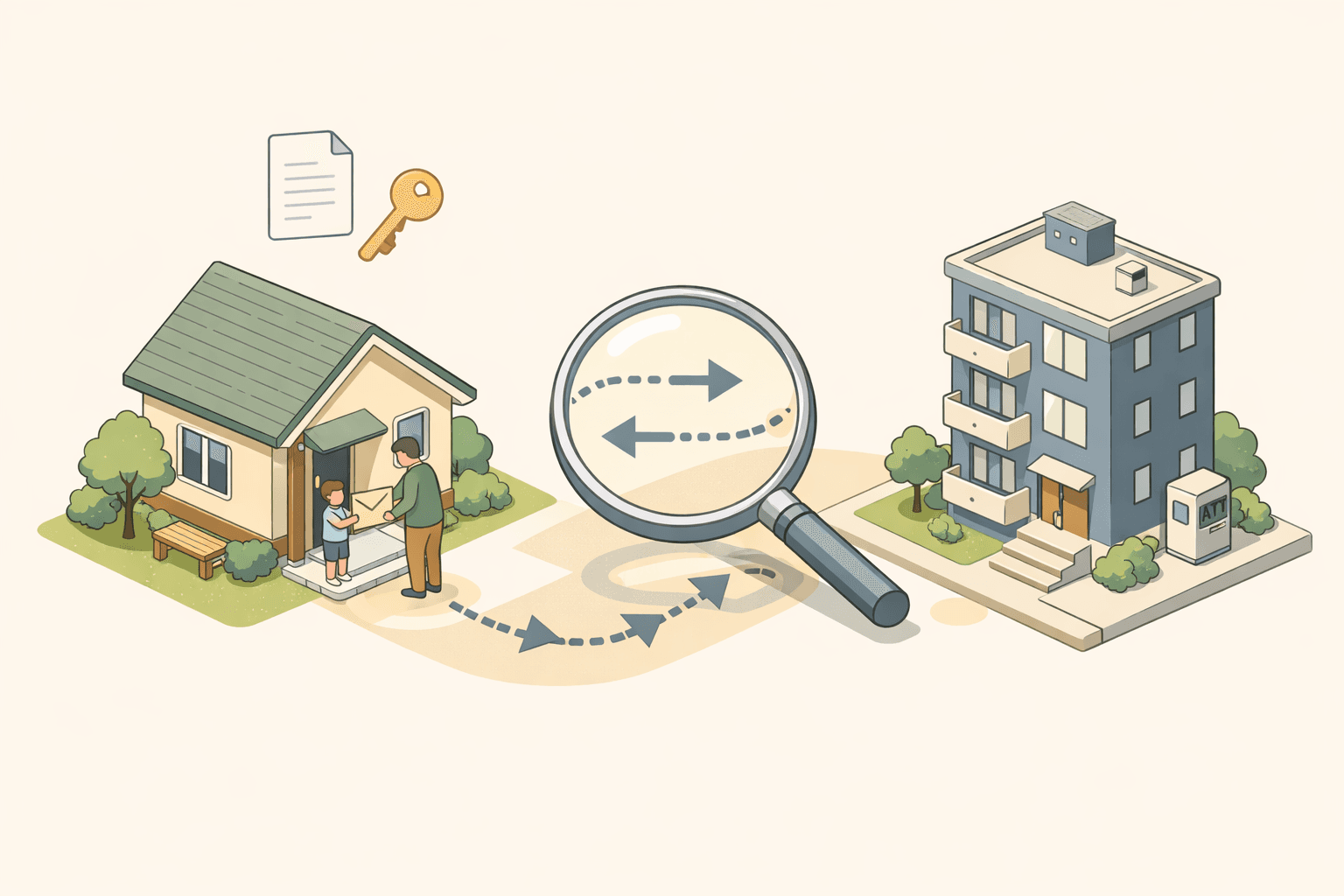 A parent handing an envelope to a homebuyer standing outside a house, representing a gifted down payment for a mortgage.
